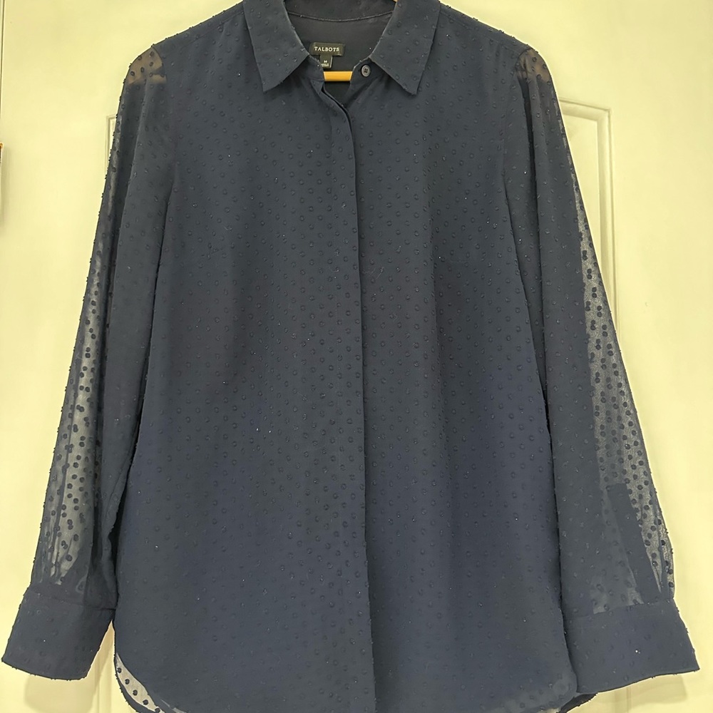 Beautiful navy blue blouse with sheer sleeves